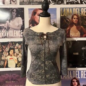 Vintage olive green lace-up top with floral and tribal print